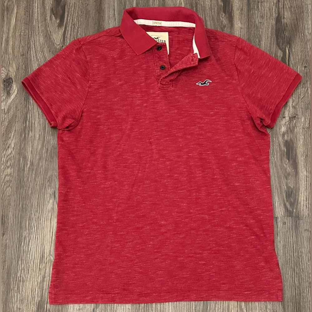Men’s Hollister Red Stretch Heather Red/Blue Logo Short Sleeve Polo Shirt- XL